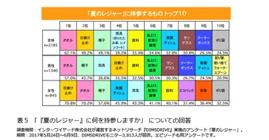 表5「『夏のレジャー』に何を持参しますか」についての回答