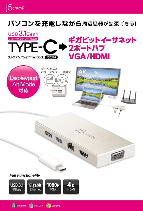 パソコンを充電しながら周辺機器の拡張が可能！
USB TypeCミニドッキングステーション「JCD376」が
7月21日に販売開始
