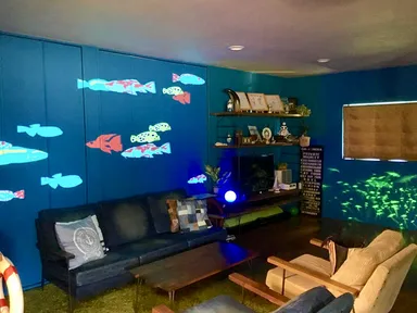 泳ぐ魚は塗り絵のように模様を描け、種類も複数選べる。右奥のクラゲは色選びができる