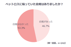 ペットロスの症状が現れた人のうち、53.3％がペットロスに陥っていることを自覚していなかった