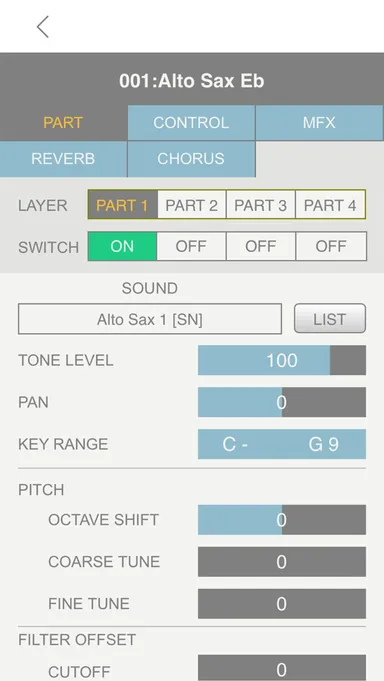 無料アプリ「Aerophone Editor」音色ごとに、ビブラートやリバーブ(響き)などのかかり具合を細かく設定