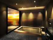 新離れ客室用露天風呂。温泉に浸かりつつ眺める海の情景