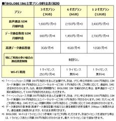 「BIGLOBE SIM」主要プラン別料金表(税別)