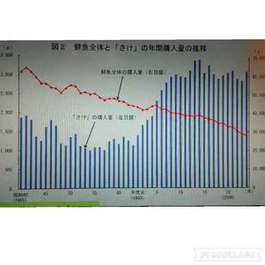鮮魚全体と「鮭」の年間購入量の推移