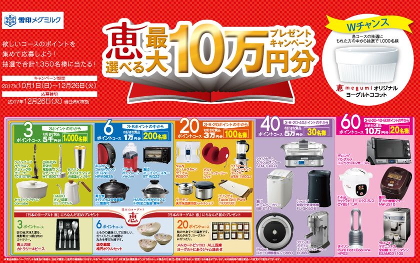 【雪印メグミルク】恵 選べる最大10万円分プレゼントキャンペーン
2017年10月1日（日）～2017年12月26日（火）
