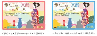 (左)歩くまち・京都レールきっぷ1日版券面　(右)歩くまち・京都レールきっぷ2日版券面
