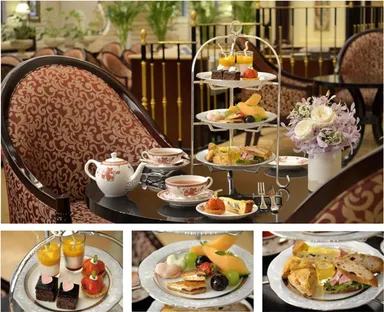 アフタヌーンティーセット　（左下）1段目・ケーキ　（中央下）2段目・フルーツ、焼き菓子　（右下）3段目・オープンサンド、 スコーン、キッシュ