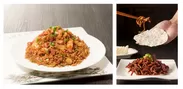 写真左：「中国たまり醤油の香味炒飯」　写真右：「豚肉の中国家庭風甘味噌炒め　クレープ添え」