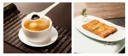 写真左：「黒ゴマ餡入り白玉団子ジンジャーハニースープ」　写真右：「あんこのクレープ包み」