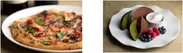 （左）黒ニンニクとポルチーニ茸のピッツァ トリュフ風味（ディナー限定）　（右）チョコと抹茶のバームクーヘン