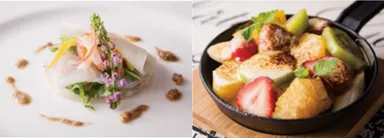 （左）ウマズラハギのマリネと 紅ズワイのエフィロシェの サラダ仕立て　 生姜香る肝のヴィネグレット　（右）純米吟醸香る フルーツグラタン