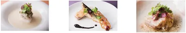 （左から）百合根のポタージュ 鱈のすぐき蕪蒸し、海老芋のマルブレと秋刀魚のコンフィ 肝のクーリとサワークリーム、塩漬け豚バラ肉のブレゼ 芋と大根の炊いたん 黒七味と柚子味噌