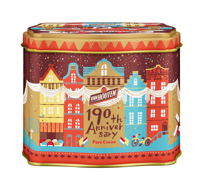 オランダ生まれのココア＜バンホーテン＞から
「190th アニバーサリー ピュア ココア」
数量限定で新発売
ココアで祝おう！カラフルなイラスト缶