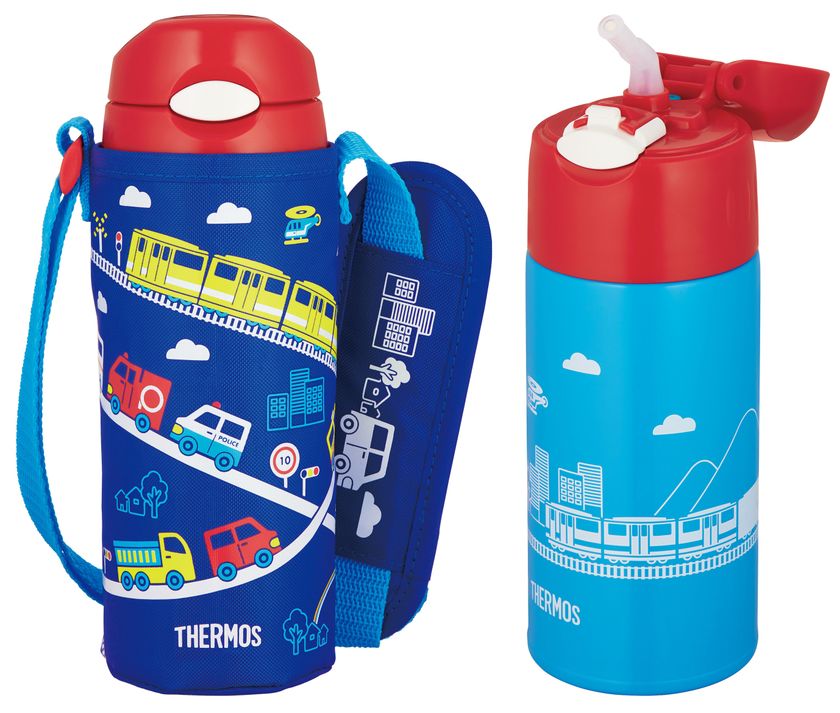 THERMOS 子ども用水筒 青 傾けれ 乗り物デザイン THERMOS 子ども用水筒 青 傾けれ 乗り物デザイン