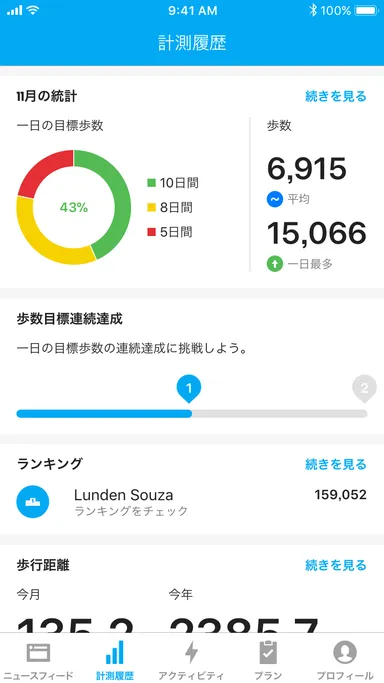 歩数平均や月間・年間歩数も一目瞭然