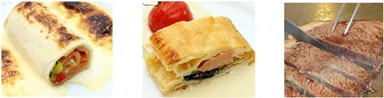 （左から）スモークサーモンの ブリトー グラタン風、サーモンのパイ包み焼き、人気の国産牛ステーキ