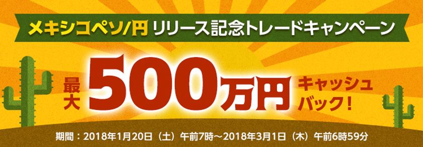 ＦＸプライムｂｙＧＭＯ、
1月20日より、メキシコペソ／円の取引開始を記念して、
最大500万円キャッシュバックキャンペーンをスタート！