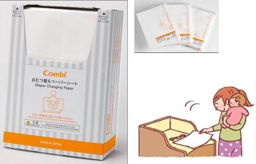 約９割のママは施設用おむつ交換台の汚れが心配！
「Combiおむつ替えペーパーシート 専用紙ホルダーセットPC21」
2017年3月下旬新発売
