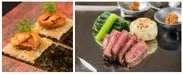 写真左：ウニと焼飯の海苔巻き、写真右：山形牛ステーキ