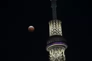 東京スカイツリーと赤銅色の皆既月食(イメージ)
