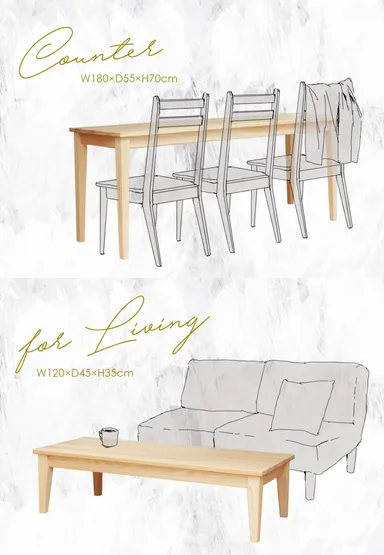 (上)カウンターテーブル￥79,500　 (下)リビングテーブル￥50,500