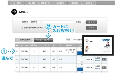 社員リストから買い物かごに入れるだけ、プレビューもあっという間