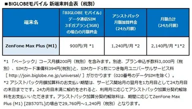 BIGLOBEモバイル 新端末料金表(税別)