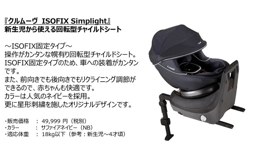 「コンビ」×「日本トイザらス」のコラボレーションモデルの第7弾
『Simplight（シンプライト）』からチャイルドシートの新製品が登場!!
3月9日（金）より、全国のトイザらス、ベビーザらス店舗およびオンラインストア限定で販売開始