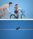 補助輪を外して自転車に乗る練習。「離さないよ」と言いながらも、手を放す父親。