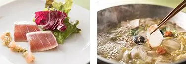 (左)鮪のラヴィゴットソース 　(右)白身魚のしゃぶしゃぶ 梅餡かけ
