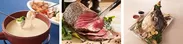 （左から）【和】桜香る筍の天麩羅と春野菜かき揚げ　【洋】ホタルイカとマッシュルームのアヒージョ　【中】皿うどん
