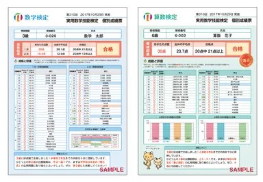 個別成績票サンプル 数学検定3級表面・算数検定6級表面