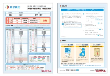 個別成績票サンプル 数学検定3級表面・裏面