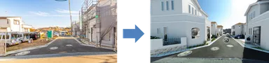 建設予定地写真に建物外観3Dパースを合成