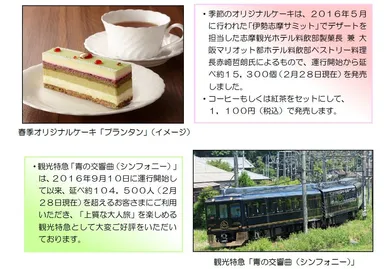 春季オリジナルケーキと観光特急「青の交響曲（シンフォニー）」