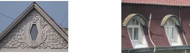【左】植物モチーフのレリーフ【右】ドーマー窓と半円形屋根