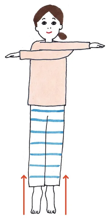 〈スロー・ラジオ体操1〉両腕を交差し、かかとを上げる