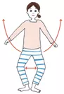 〈スロー・ラジオ体操2〉腕が地面と水平になるまで開き、脚はひざを曲げてかかとを地面につける