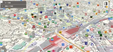 建物3D表示ONの新宿駅周辺地図