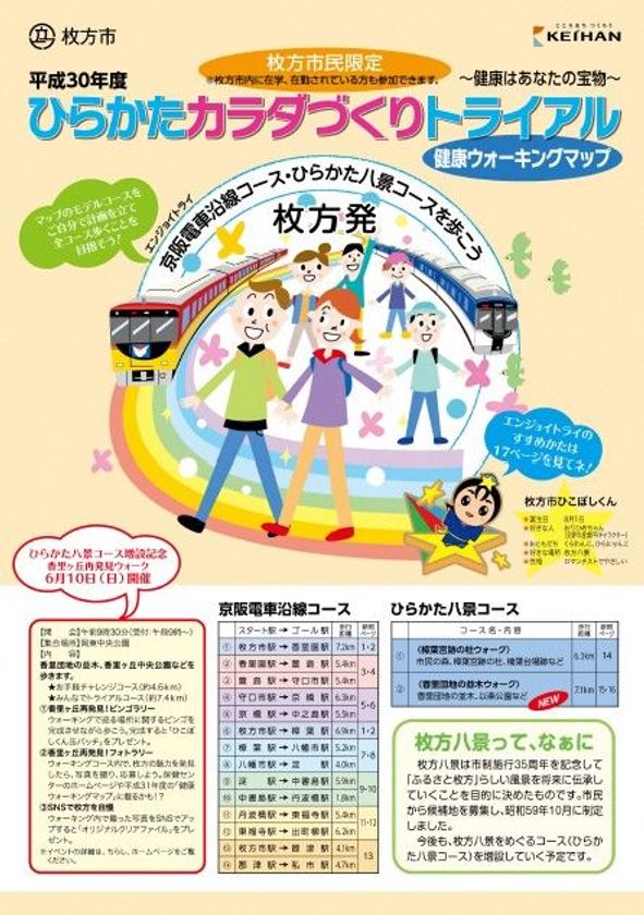 平成30年度ひらかたカラダづくりトライアル
「～エンジョイトライ～京阪電車沿線コース
  ・ひらかた八景コースを歩こう」を
平成30年5月1日(火)から実施します