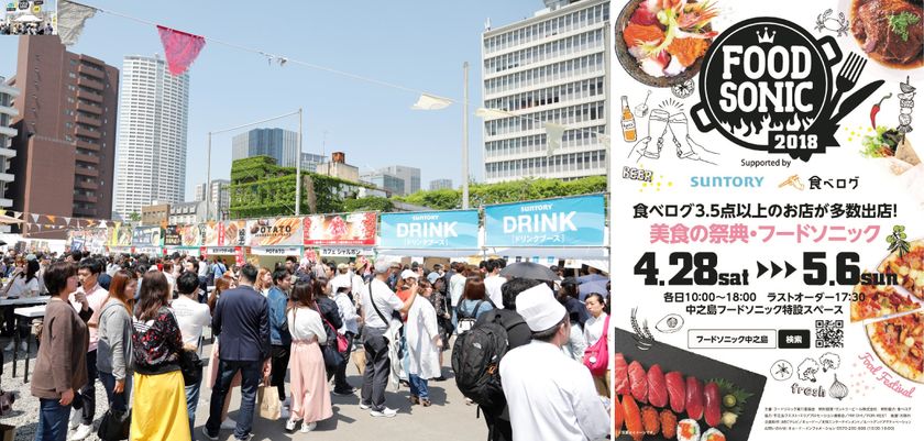 美食フェス「FOOD SONIC 2018 in 中之島」開幕
食べログ3.5点以上の超人気店多数！
GWの9日間で約70店舗が集結
