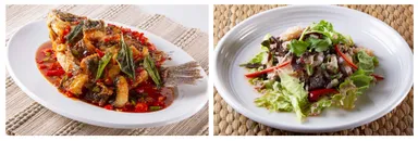 画像左：「プラーラープリック」1,480円、画像右：「ヤムヘットフーヌー」790円