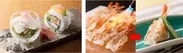 【左】鱧の湯引きとお寿司の盛り合わせ　【右】海老の焼しゃぶ