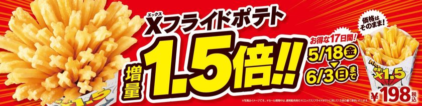 人気のＸフライドポテトお値段そのまま１．５倍！
お得な１７日間が始まります