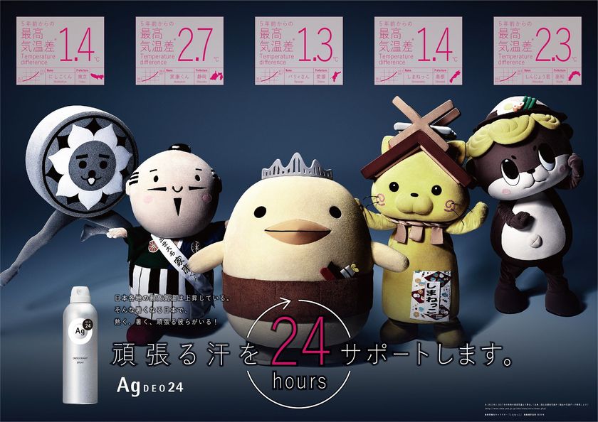 5年前と比較して最高気温が上昇している1都4県の“ゆるキャラ”とコラボレート！
資生堂「エージーデオ２４」、「頑張る汗を応援」プロジェクトを5月21日(月)より開始

