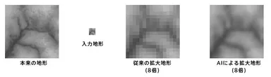 地形画像における単純拡大と超解像の違い