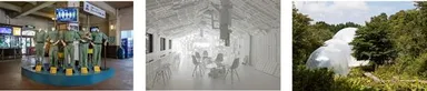 【左】明和電機《ひっぱれ！六甲ケーブルカー》 ２０１７年　六甲ケーブル【中央】開発好明《スペース・ホワイト・カフェ（SWCafe）》 ２０１７年　天覧台【右】奥中章人《Inter-world-sway》 ２０１７年　六甲オルゴールミュージアム