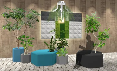 天然素材のコケを使った壁面緑化、植物と組み合わせるデザイン家具、プランツシェードの設置イメージ