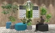 天然素材のコケを使った壁面緑化、植物と組み合わせるデザイン家具、プランツシェードの設置イメージ