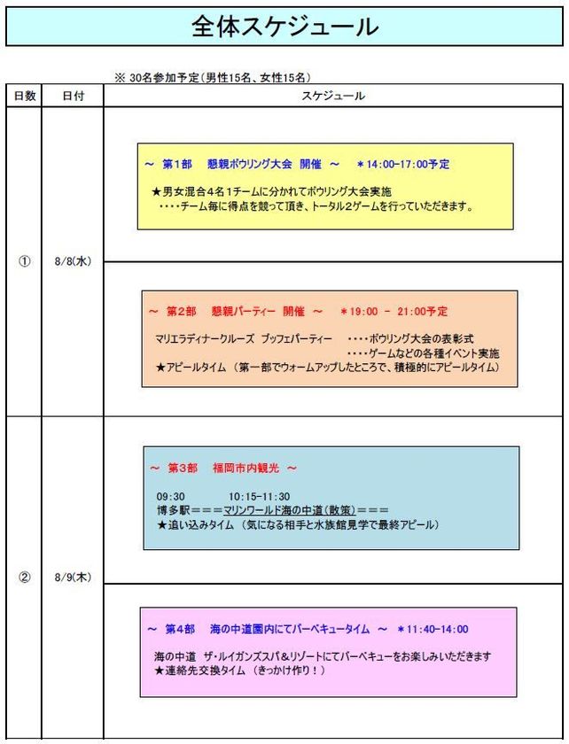 日本の将来にも貢献する！？業界初の社内企画　
1泊2日の『独身社員交流会』を8月8日～9日、福岡で開催